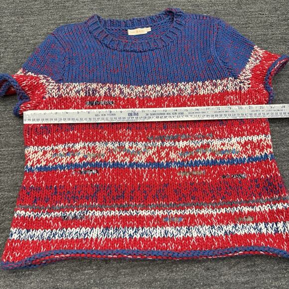 Tory Burch Chunky Knit Sweater Women XL Mouline Red White Blue Short Sleeve Twee - Picture 3 of 9